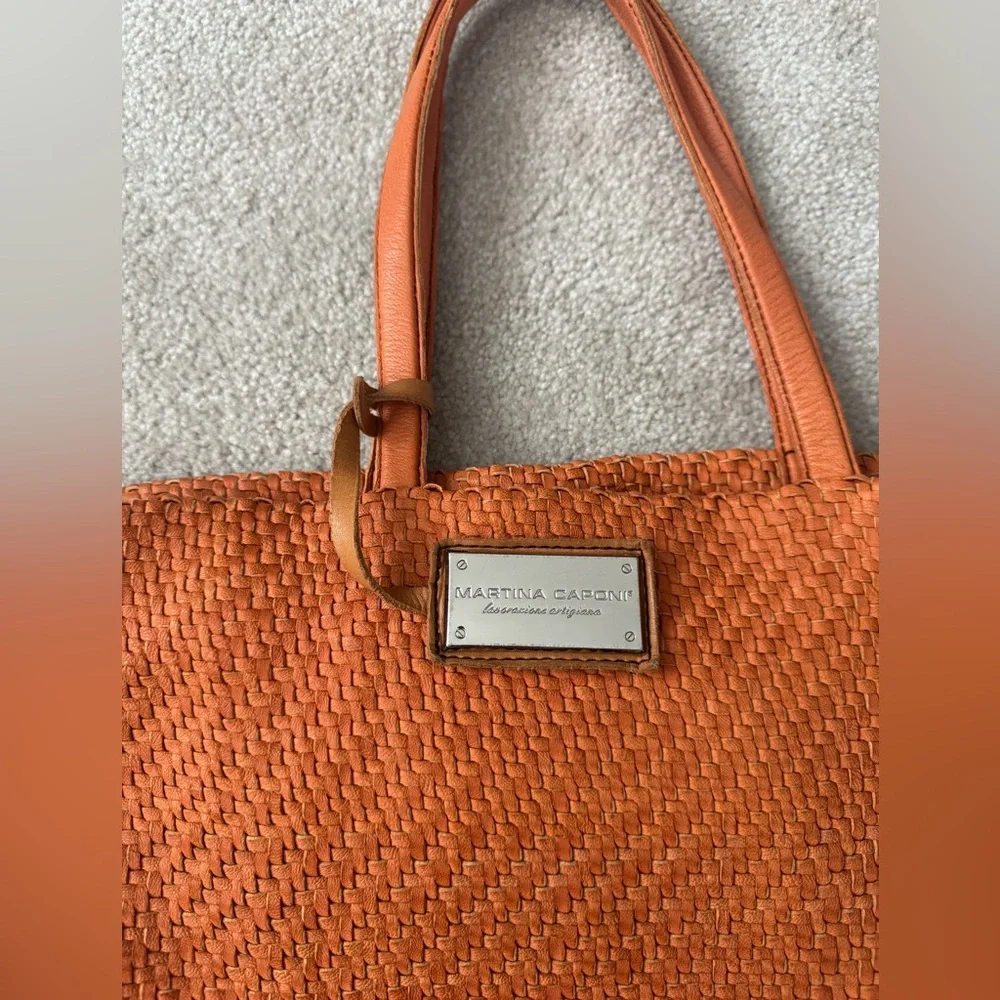 Martina Caponi Woven Orange Leather Tote Bag - Picture 2 of 8